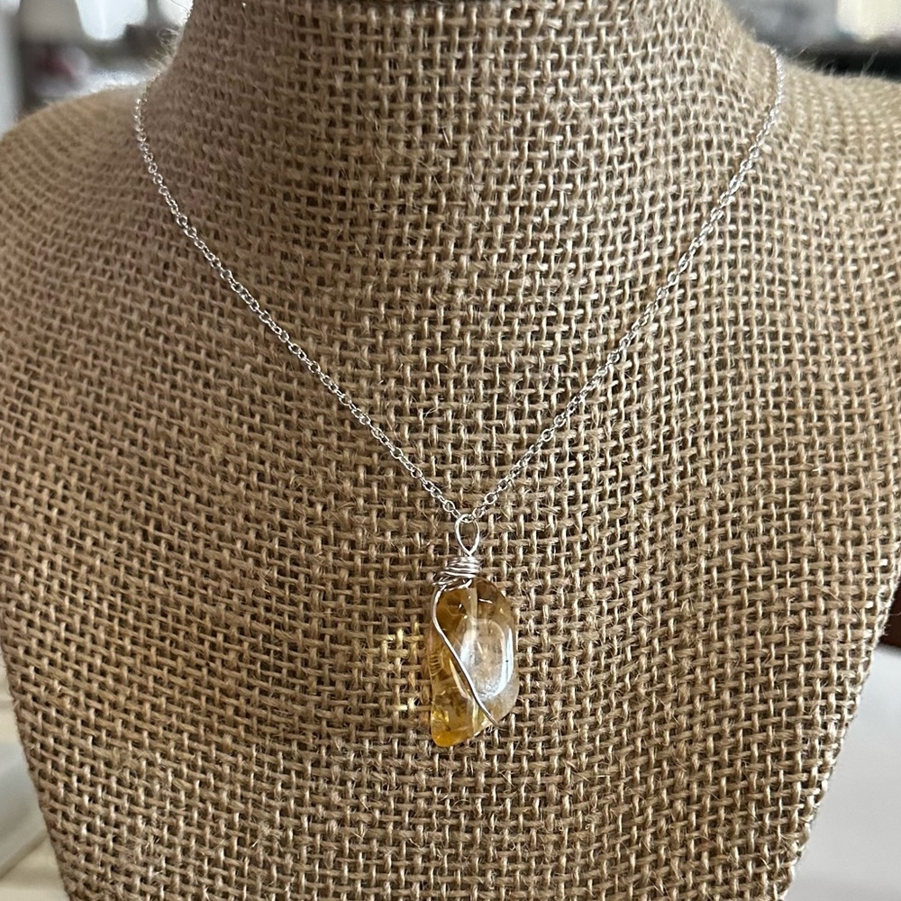Hand crafted citrine nugget witr wrapped silver plated wire